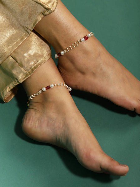 Gold-Polished Pink White Pearl Beaded Anklets Set Of 2 - Ruby Raang