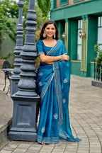 Vastranavya Sea Blue Embroidery Work Shimmer Chiffon Saree with Unstitched Blouse - Distacart
