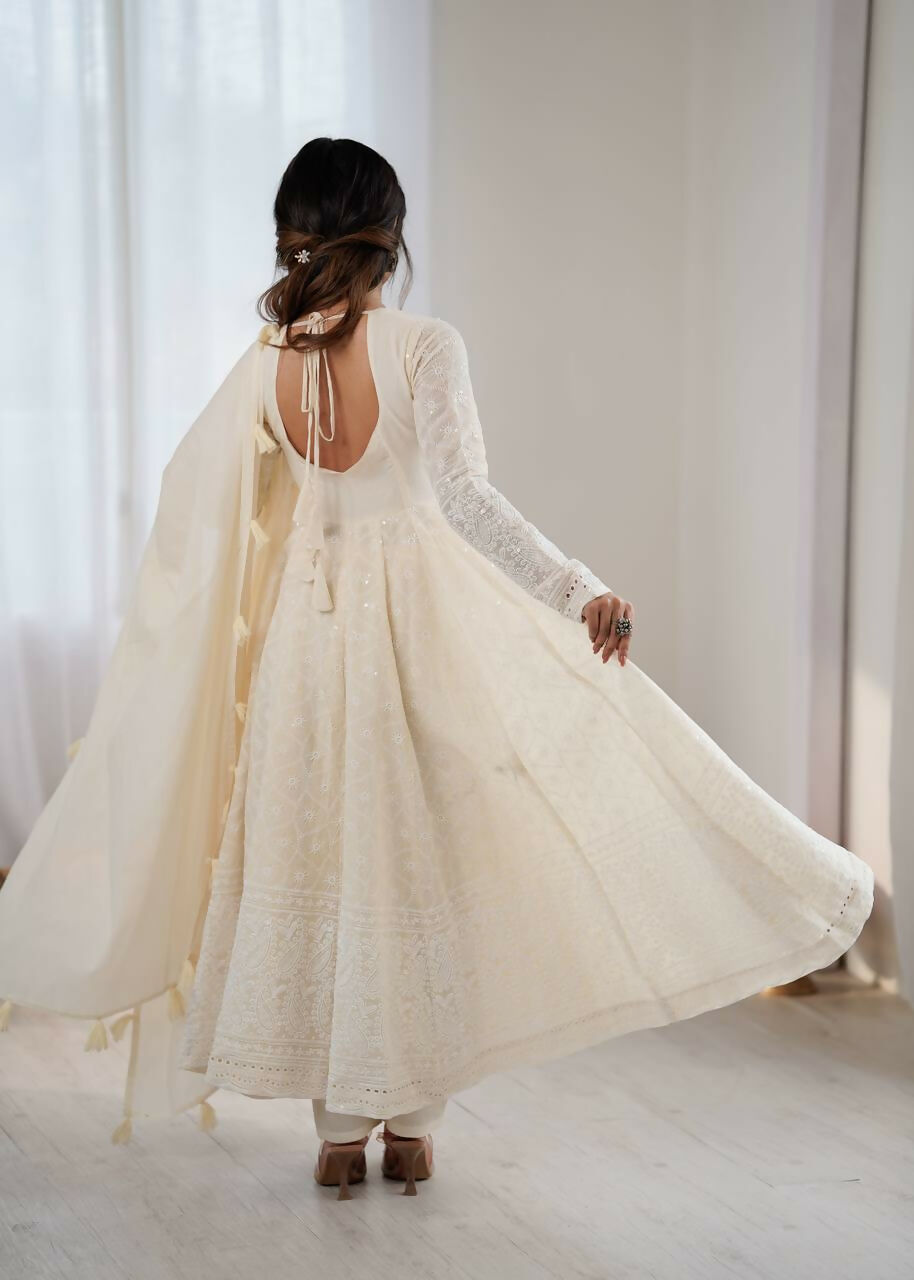 Teeya Creation Cream Kora Cotton Designer Embroidery Work long Gown - Distacart