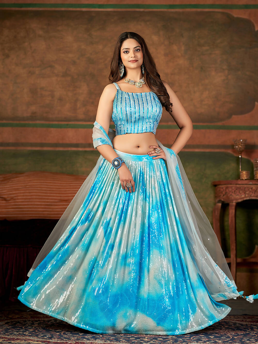 Wedding Designer Sky Nylon Georgette Readymade Lehenga Choli - Anbazaar - Distacart