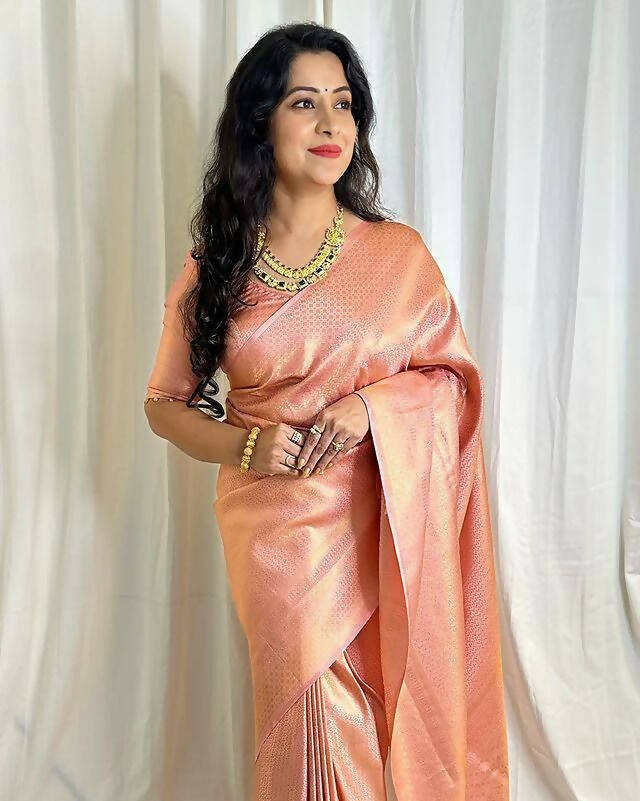 DEIANA'S Beautiful Designer Golden zari Soft Lichi Silk Saree - Peach