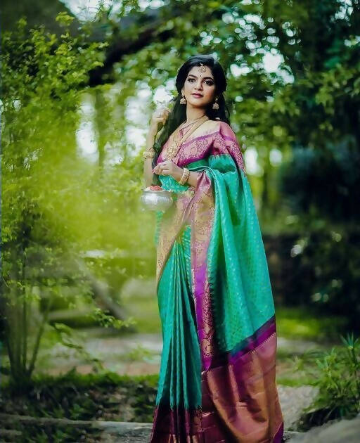 DEIANA'S Beautiful Designer Golden zari Soft Lichi Silk Saree - Sky