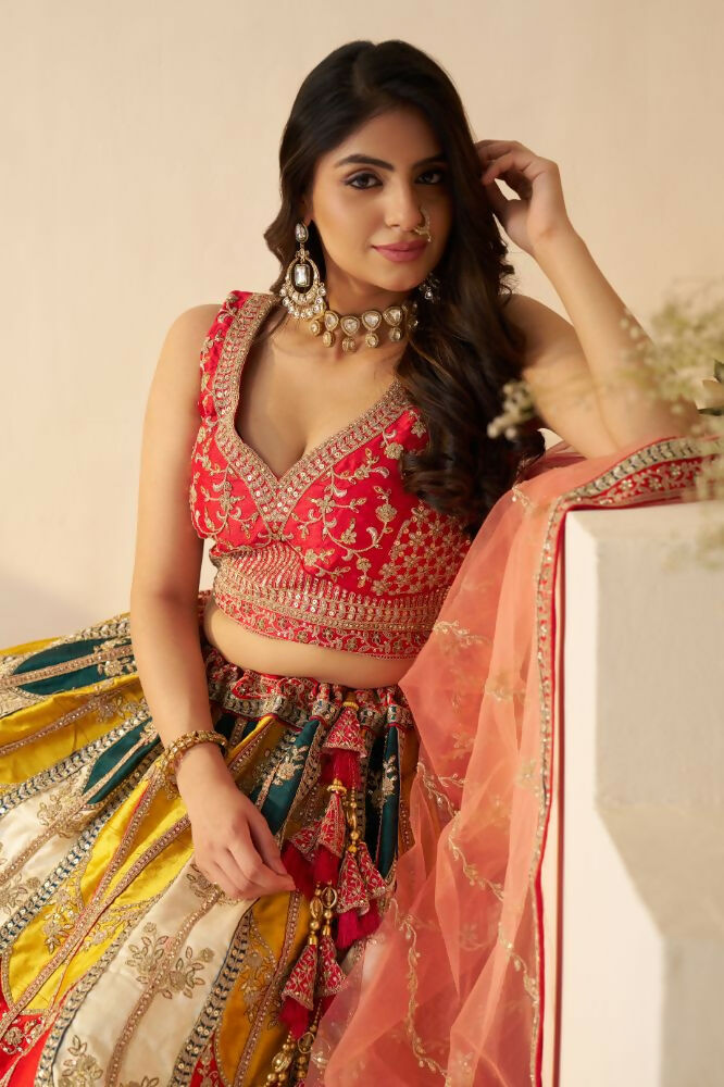 Kesar Fab Dark-Multicolor Silk Embroidered Lehenga