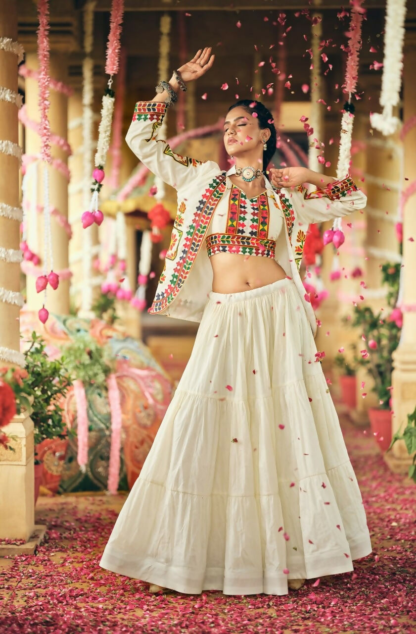 Teeya Creation Off White Colour Pure Cotton Embroidery Work Fully Stitched Navratry Lahenga