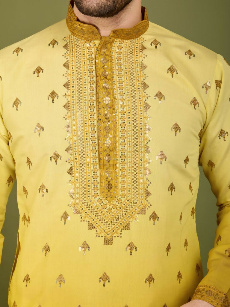 Vastranavya Ombre Yellow Premium Viscose Silk Thread & Sequence Embroidery work Kurta