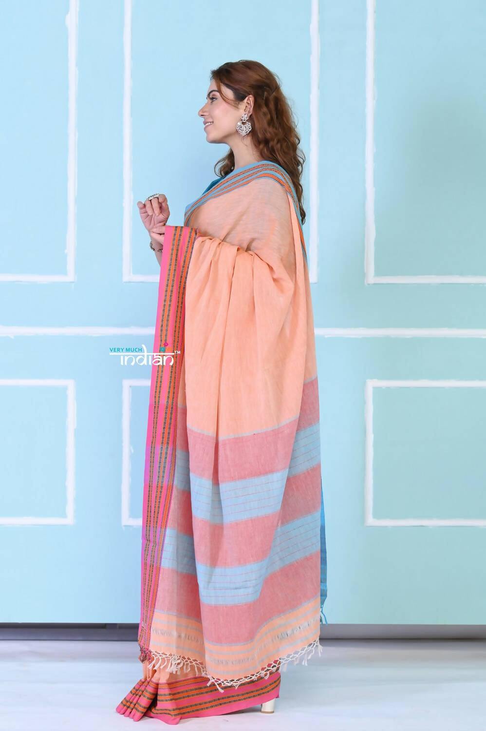 Very Much Indian Traditional Patteda Anchu Ilkal Handloom Saree - Peach Tone - Distacart