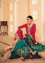 Dazzling Red Embroidered Chinnon Palazzo Salwar Kurta - Emponline