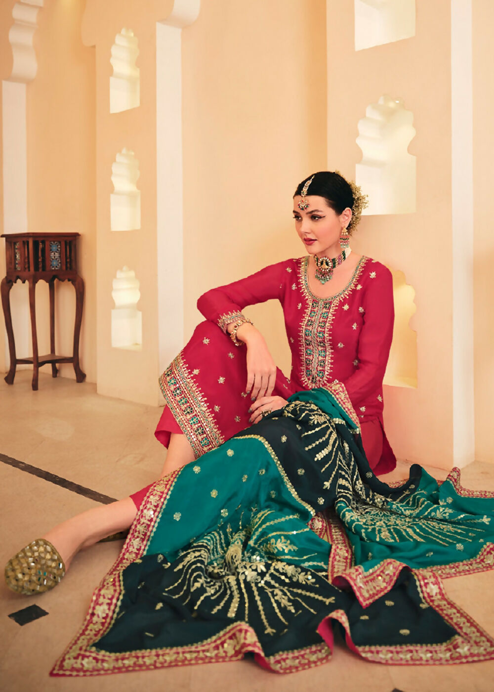 Dazzling Red Embroidered Chinnon Palazzo Salwar Kurta - Emponline
