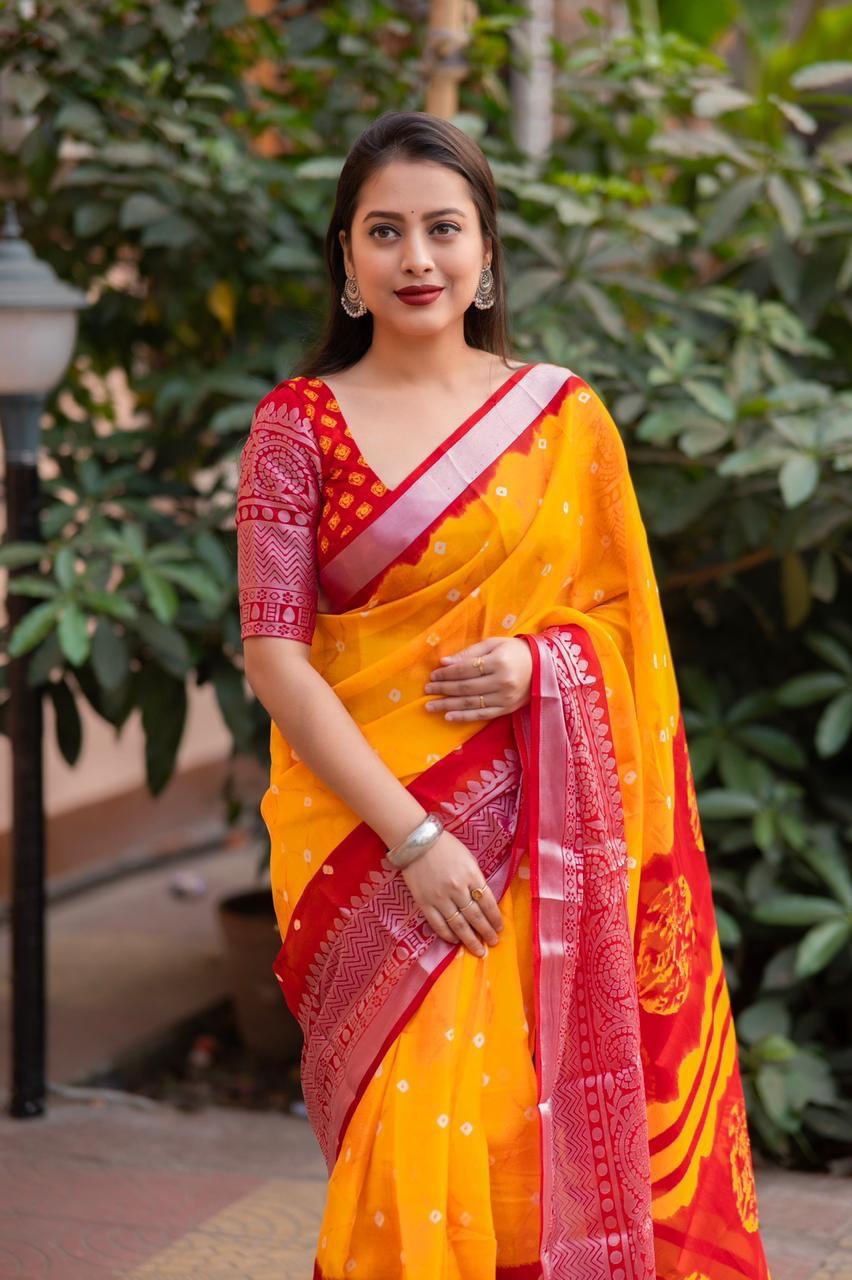 Orange Jute Silk Ethnic Motifs Saree with Unstitched Blouse - A2M - Distacart