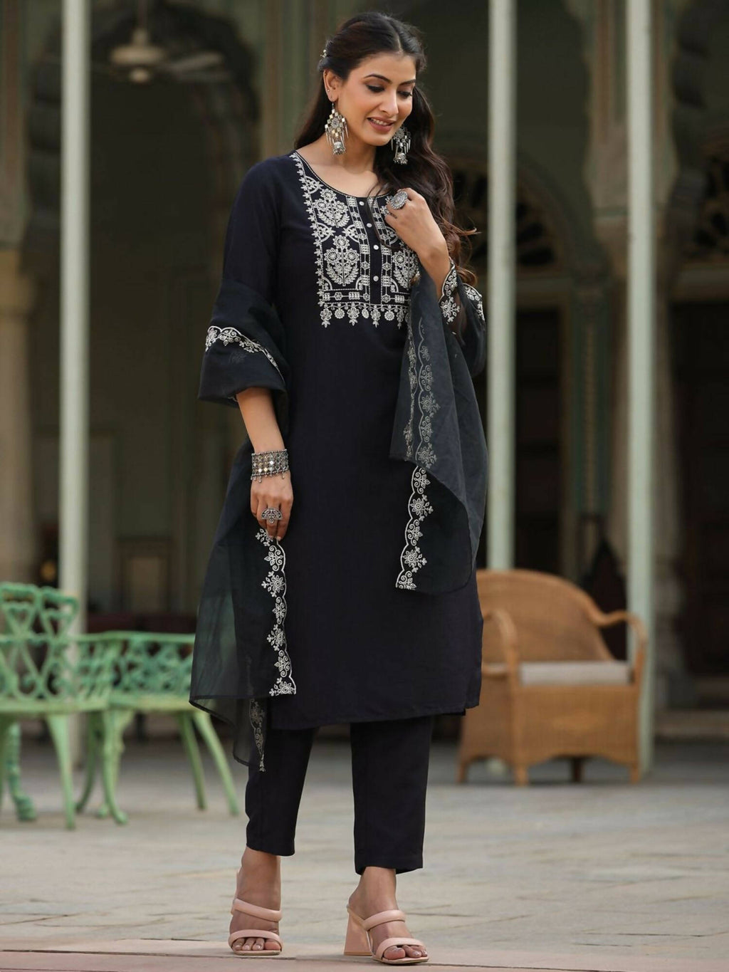 Juniper Women's Black Chinnon Solid Embroidered Kurta Set - Distacart