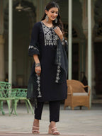 Juniper Women's Black Chinnon Solid Embroidered Kurta Set - Distacart