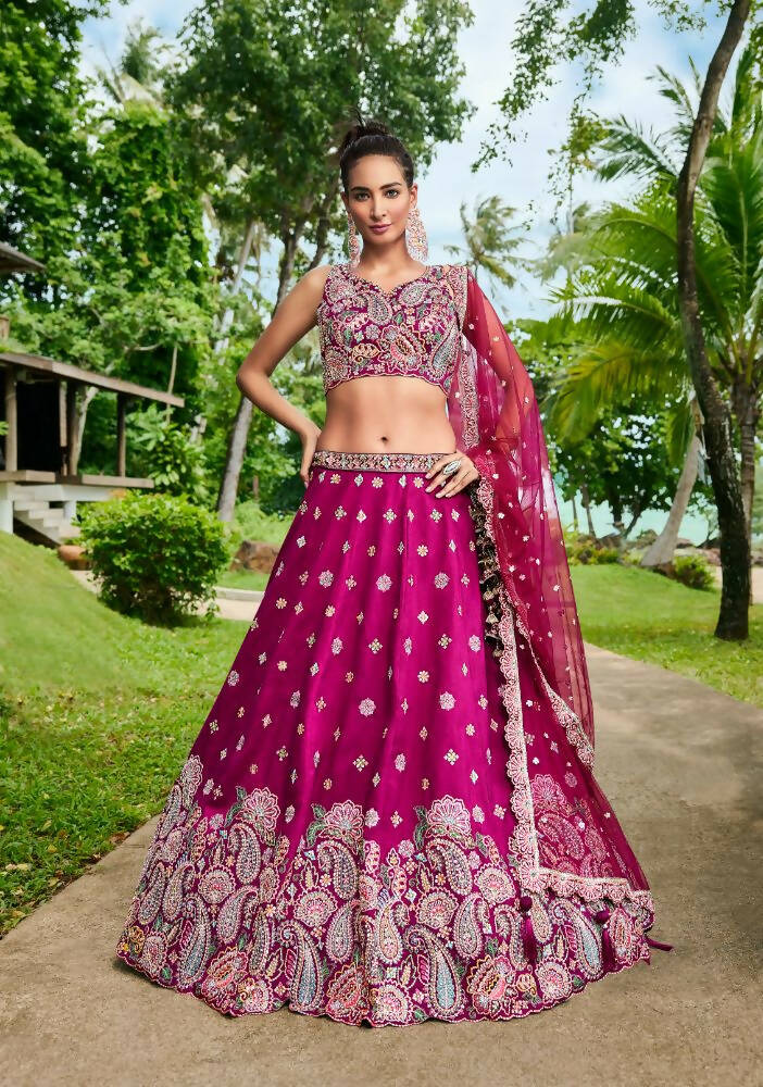 House of Panchhi Burgundy Satin Silk Sequins And Zarkan Embroidery Lehenga Choli & Dupatta
