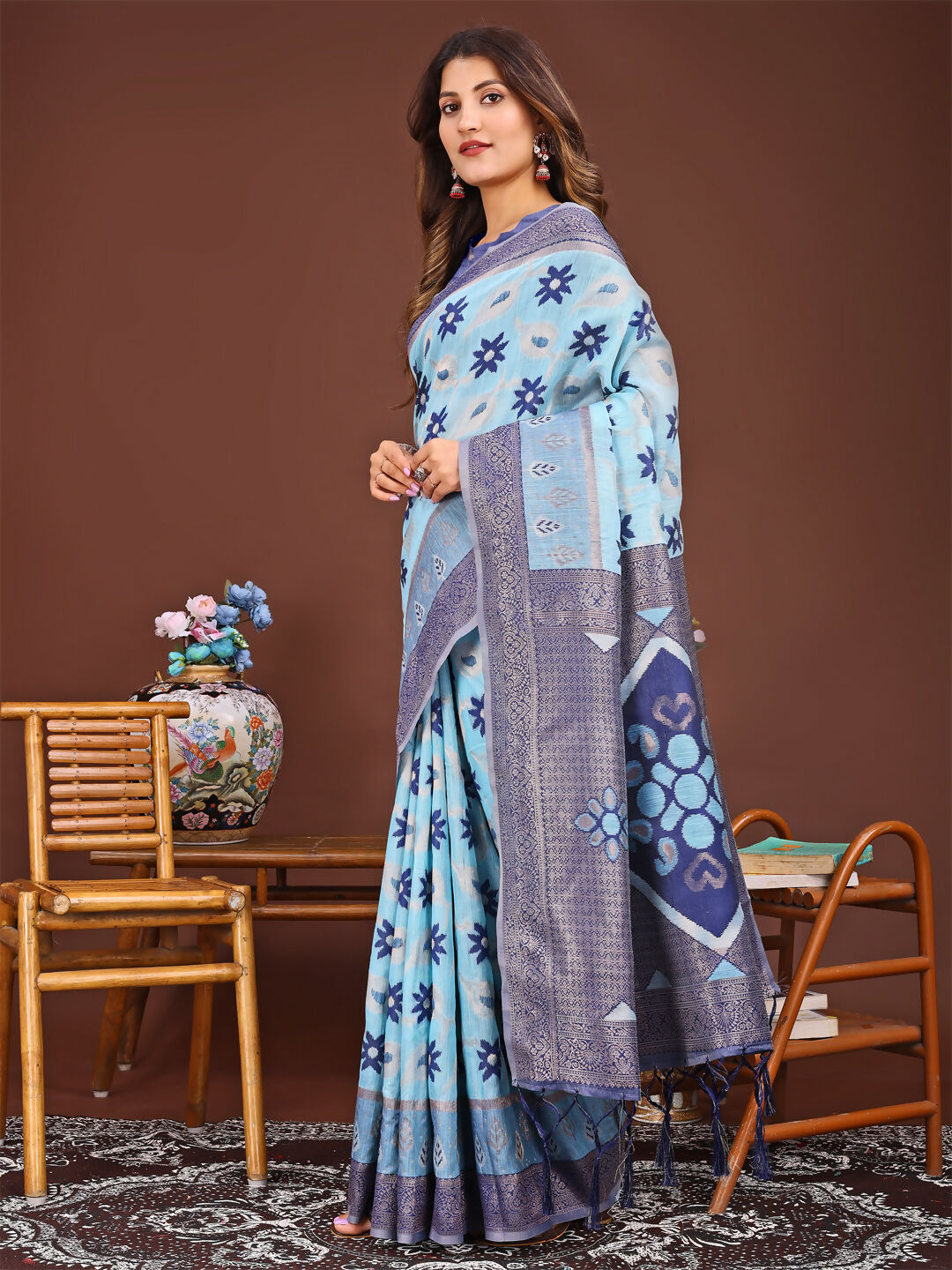 Shree Shyam Fashion Sajni Sky Blue Linen Cotton Saree