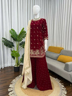 Vastranavya Maroon Viscose Velvet Intricate Thread & Sequence With Pearl Work Top Palazzo With Dupatta