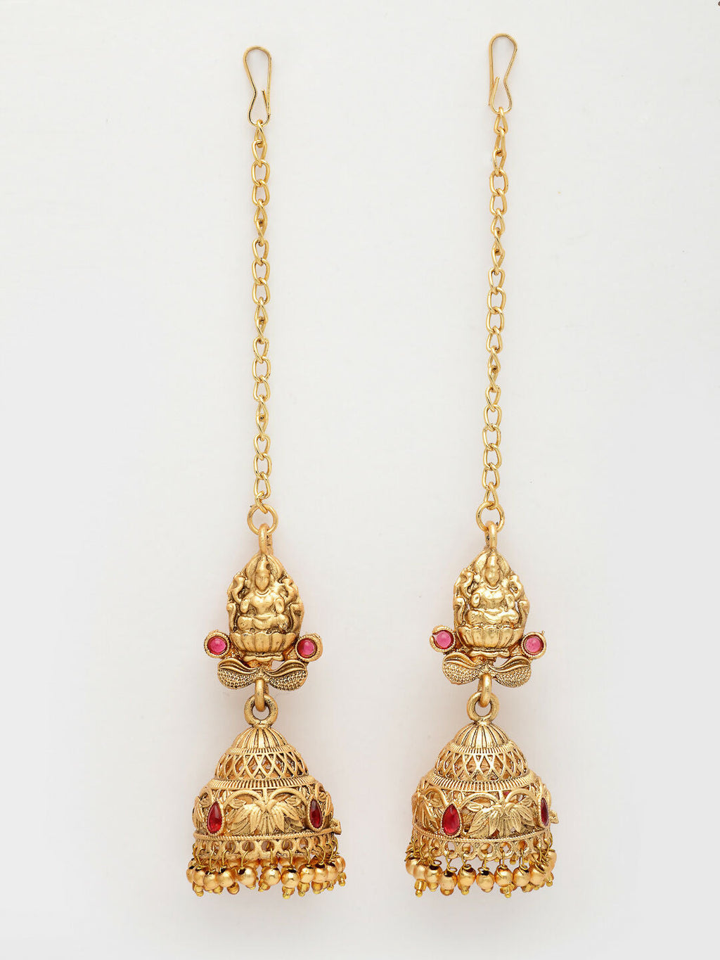 NVR Women's Gold-Polished Pink Stone Studded Lakshmi Temple Jewellery Set