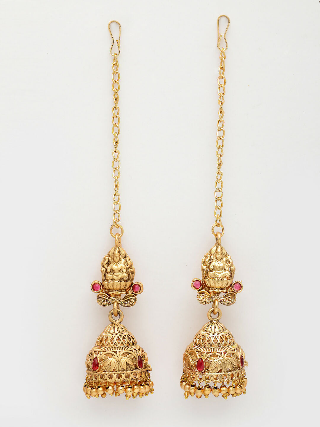 NVR Women's Gold-Polished Pink Stone Studded Lakshmi Temple Jewellery Set