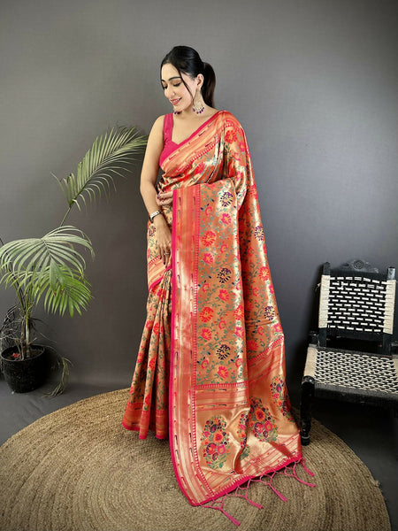 Joban Fashion Pink Floral & Paisley Motifs Soft Silk Paithani Saree