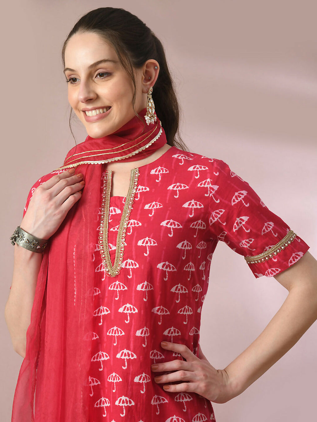 Myshka Women's Pink Printed Cotton Straight Party Kurta Set With Dupatta