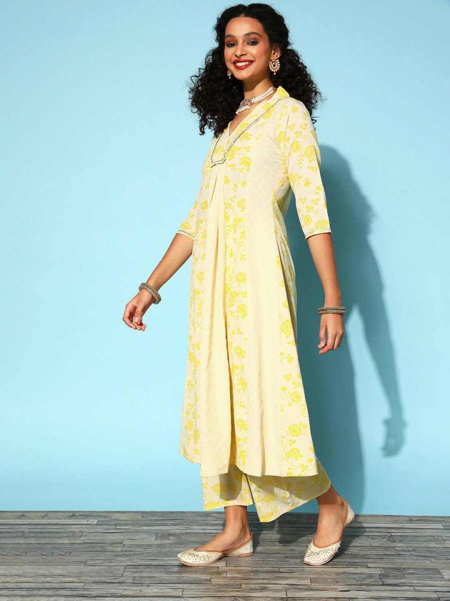 Ahalyaa Women Yellow Colour Crepe Printed Kurta Pant Set - Distacart