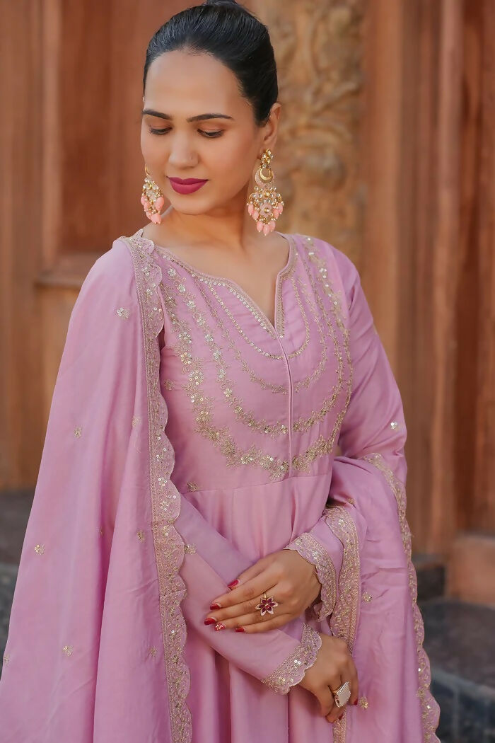 The52 Pink Women's Gorgeous Vichitra Silk Fabric Embroidered Work Flared Anarkali Pant and Dupatta Set - Distacart