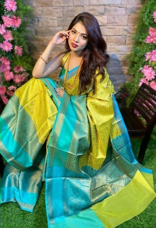 DEIANA'S Beautiful Designer Golden zari Soft Lichi Silk Saree - Yellow