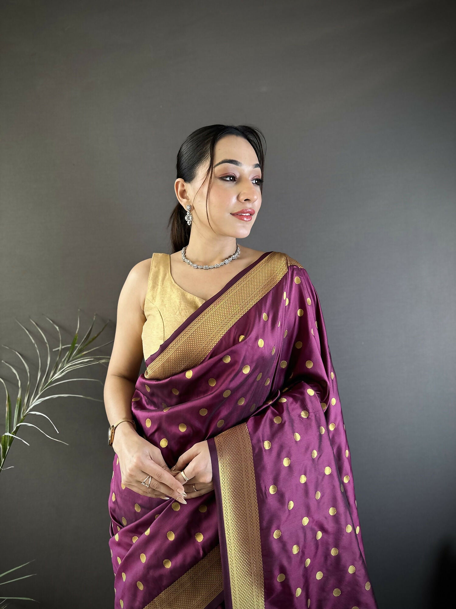 Joban Fashion Wine Polka Dot Lichi Silk Paithani Silk Saree - Distacart