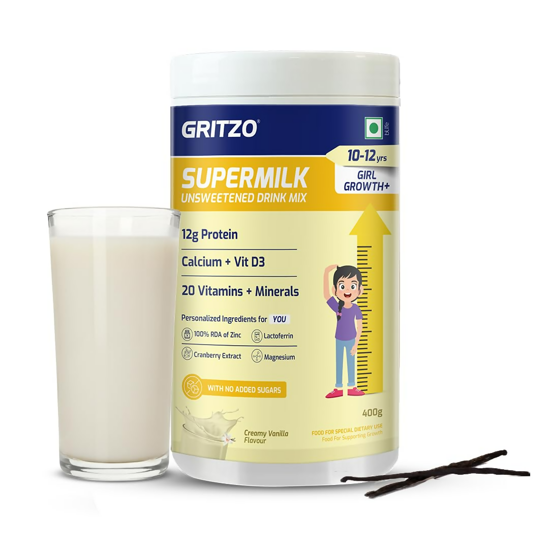 Gritzo SuperMilk Growth+ (Formerly Height+) Unsweetened Drink Mix (10-12y Girls), 12g Protein Powder Creamy Vanilla