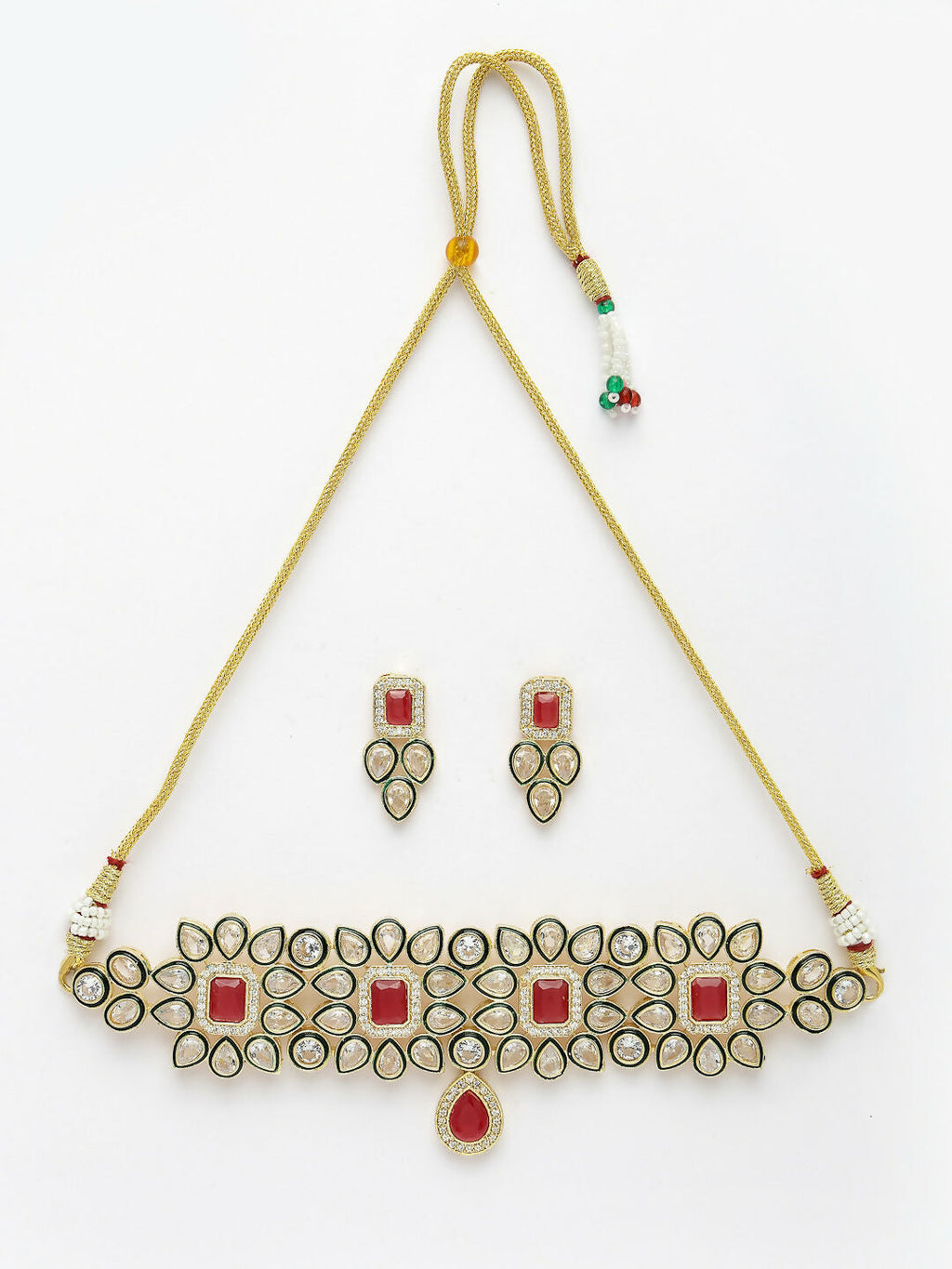 NVR Women's Red & Gold Kundan Studded Handcrafted Choker Jewellery Set
