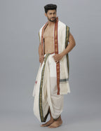 Indian Clothing Ramraj Cotton Mens Pure Cotton 5 Khan Jari 9 + 5 Kora Panchakacham Dhoti With Angavastram Set