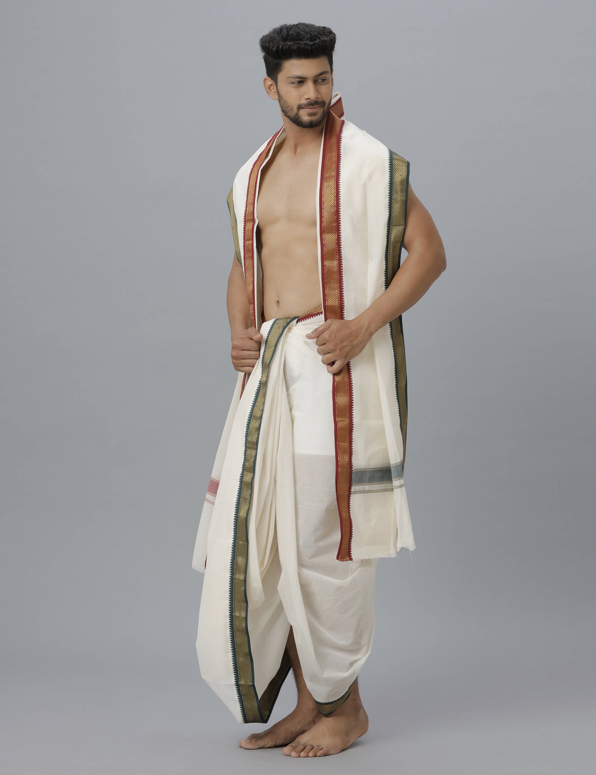 Indian Clothing Ramraj Cotton Mens Pure Cotton 5 Khan Jari 9 + 5 Kora Panchakacham Dhoti With Angavastram Set