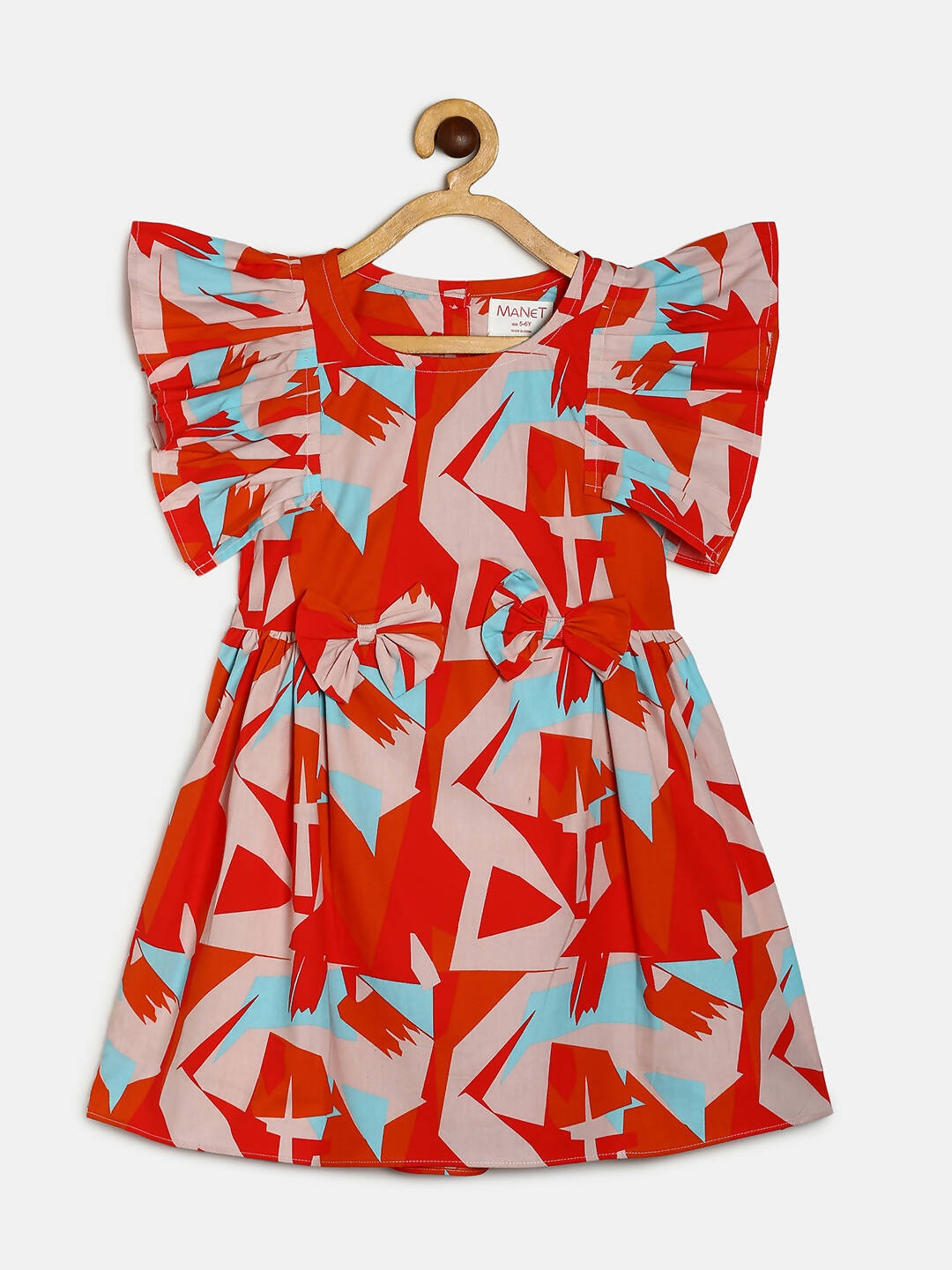Manet Girls Cotton Frill Bow Frock Printed - Multicolour