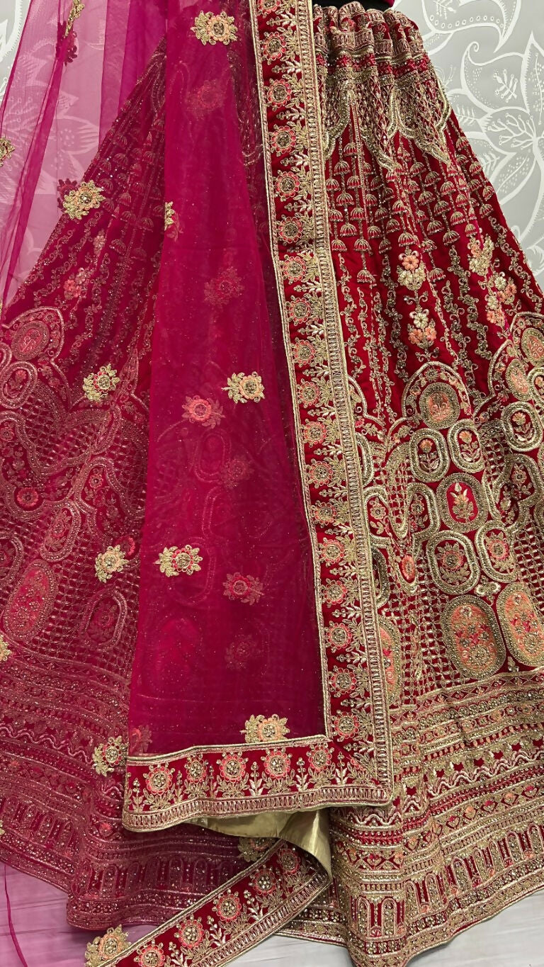 Jyoti Fashion Women's Rani Pink Velvet Multi Thread Embroidered with Zircon Diamond Wedding Lehenga Choli