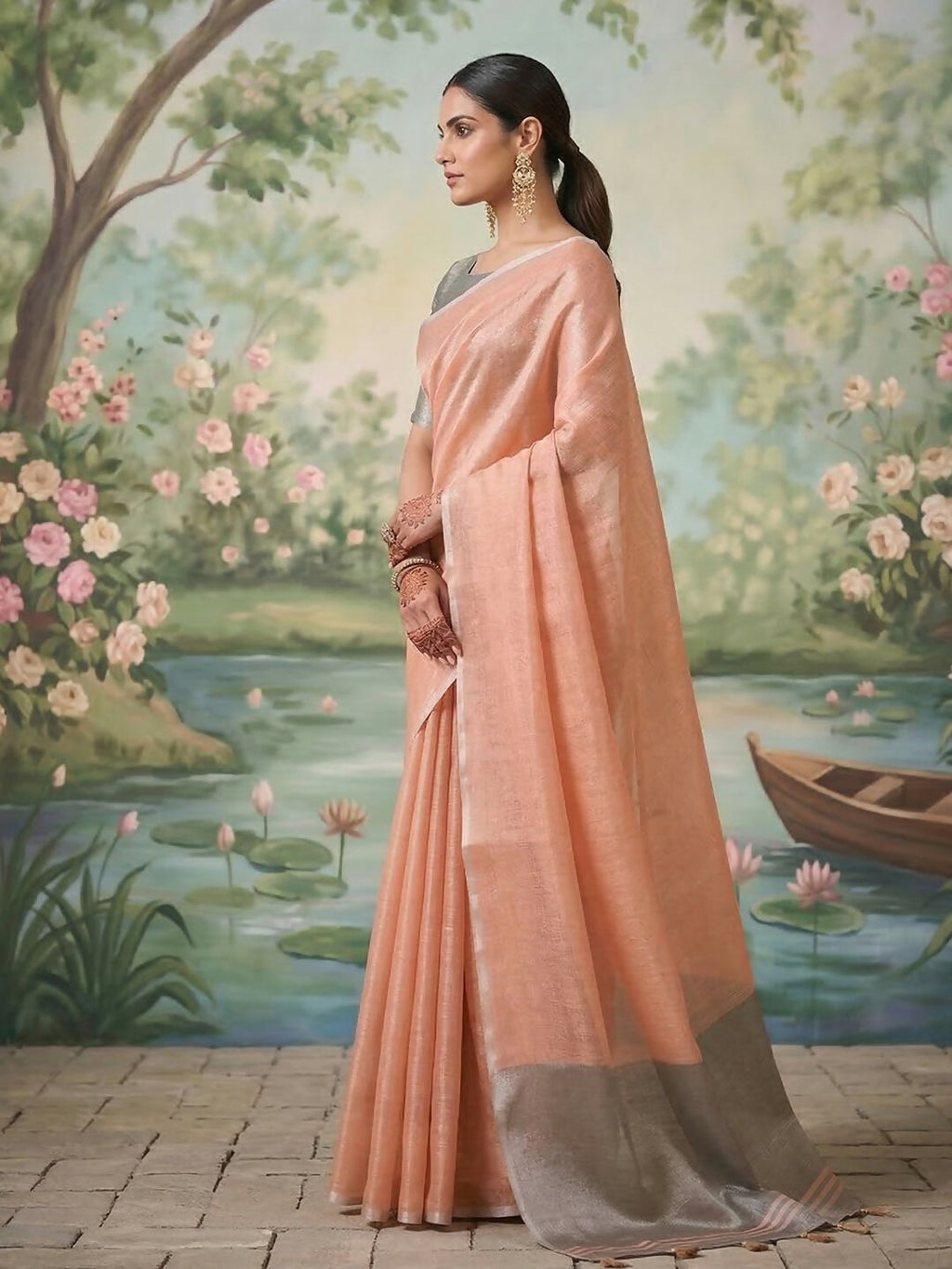 Shree Shyam Fashion Peach Tissue Silk Saree - Distacart