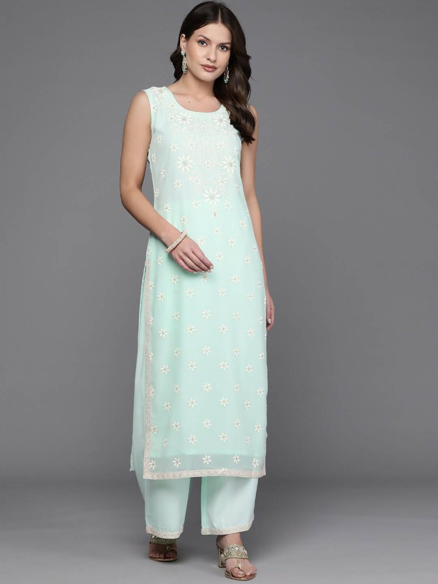 Ahalyaa Women Floral Embroidered Regular Kurta with Palazzos - Blue Color