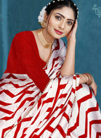 Red Japan Satin Stripe Printed Saree With Unstitched Blouse Piece - Laavanya