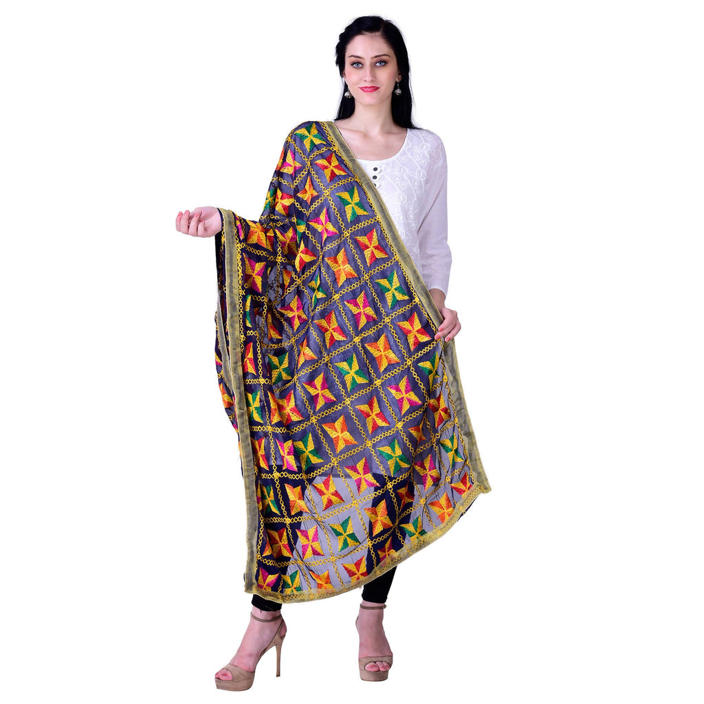 SWI Stylish Women's Embroidered Phulkari Chiffon Navy Blue Dupatta