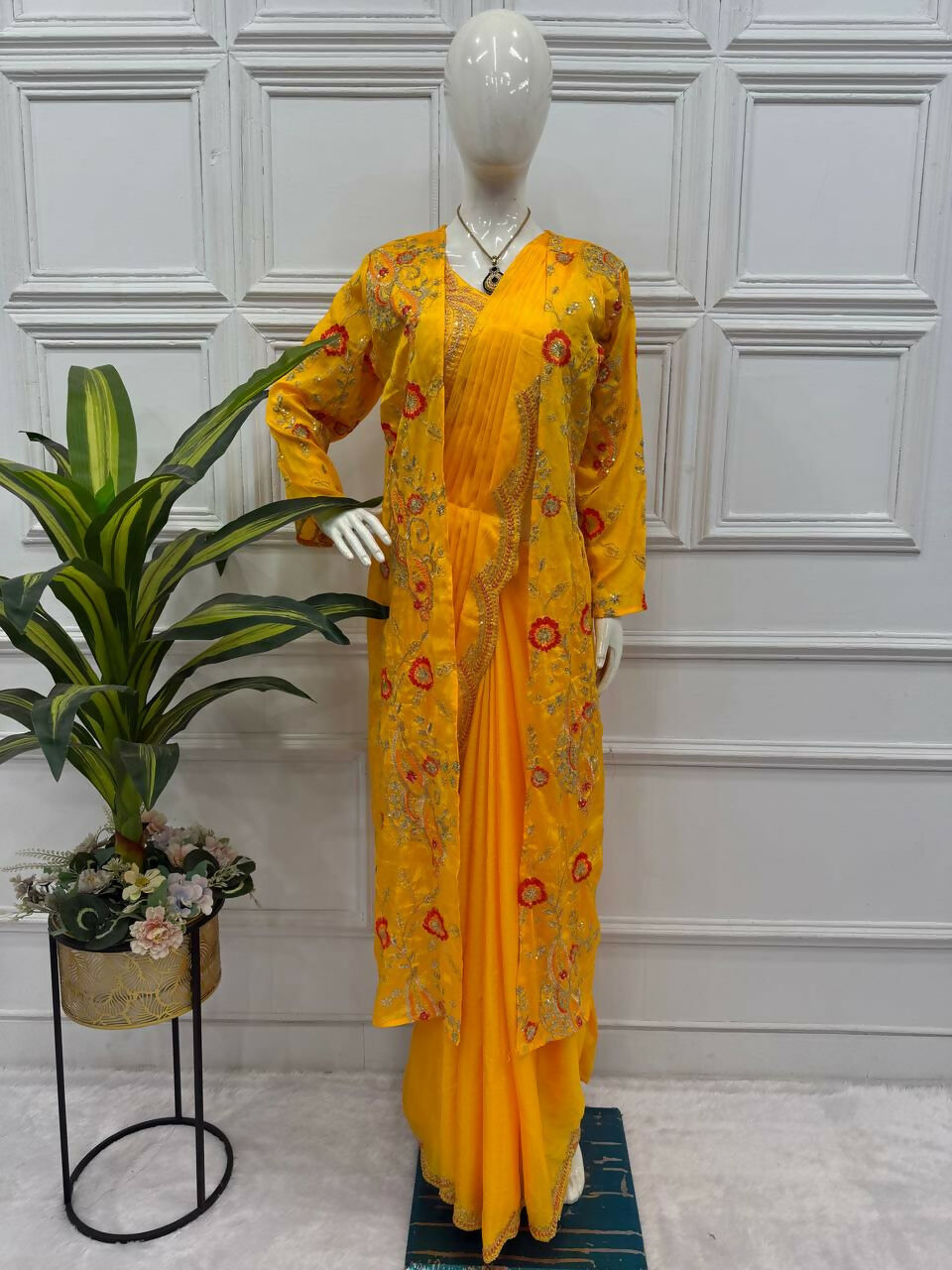 Teeya Creation Yellow Color Chinon Silk Designer Embroidery Work Ready To Wear Saree With Koti - Distacart