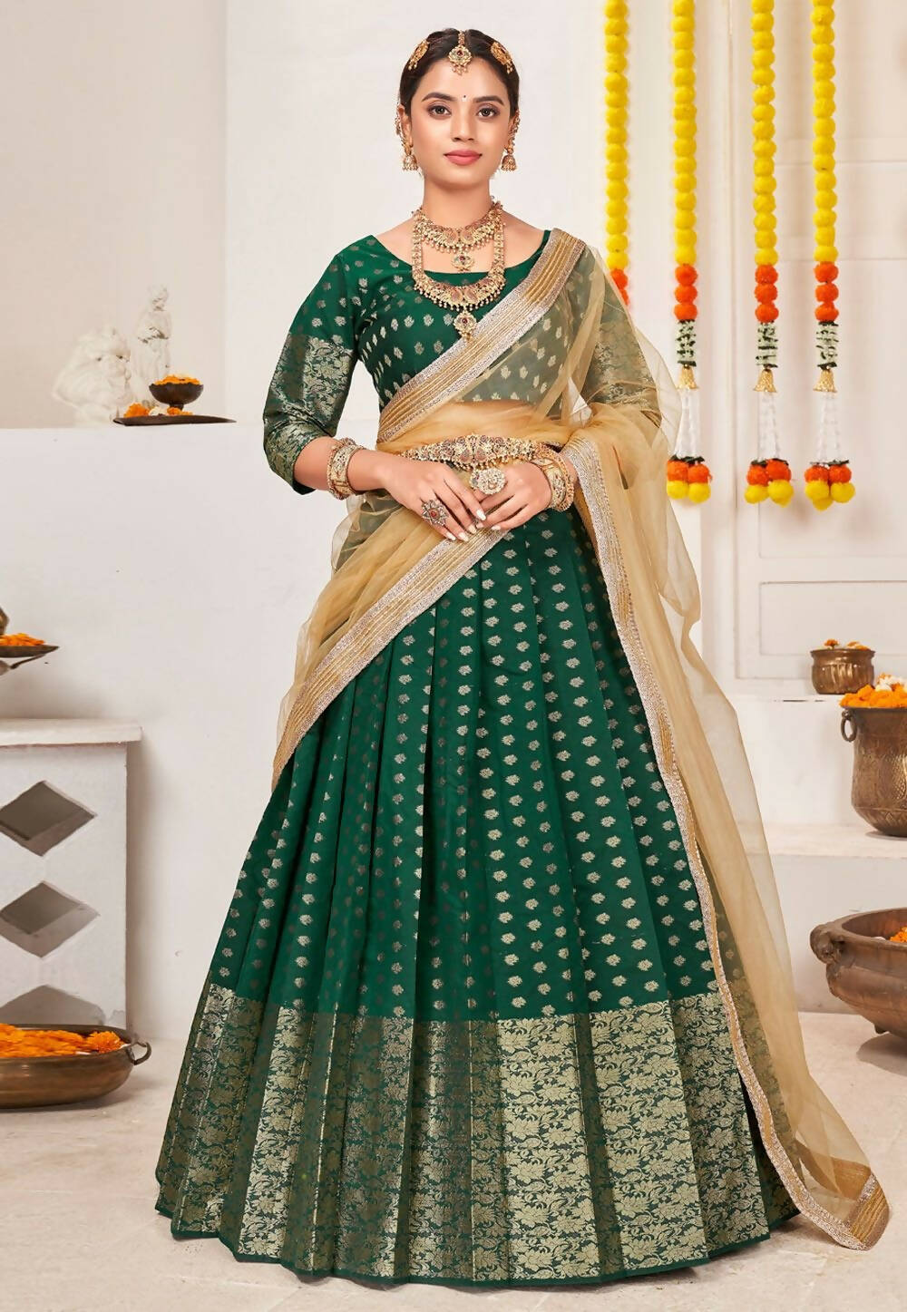 DEIANA'S Beautiful Jackquard Weaving Lehengha Choli - Green