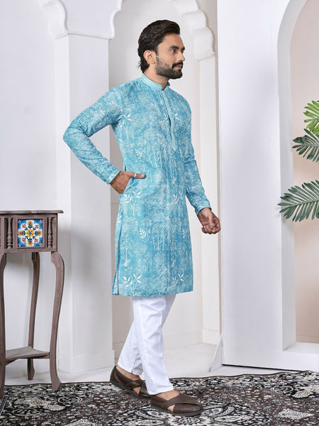 Anaita Sky Blue Digital Printed Work Cotton Straight Kurta