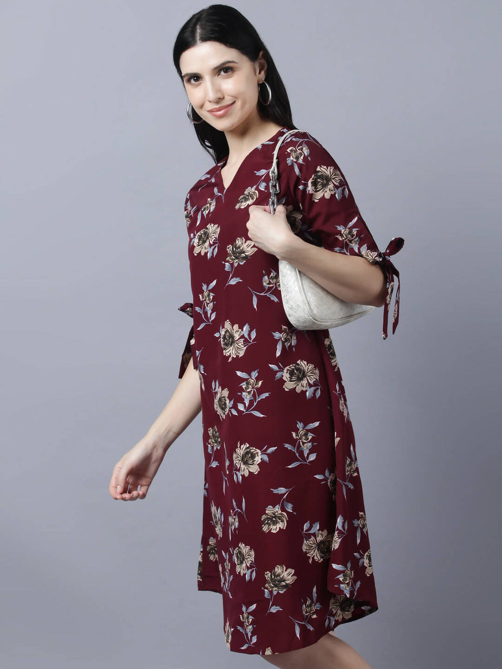 Myshka Women Burgundy Beige Floral Print A-line Dress - Distacart