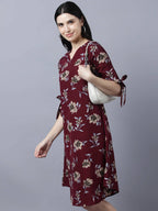 Myshka Women Burgundy Beige Floral Print A-line Dress - Distacart