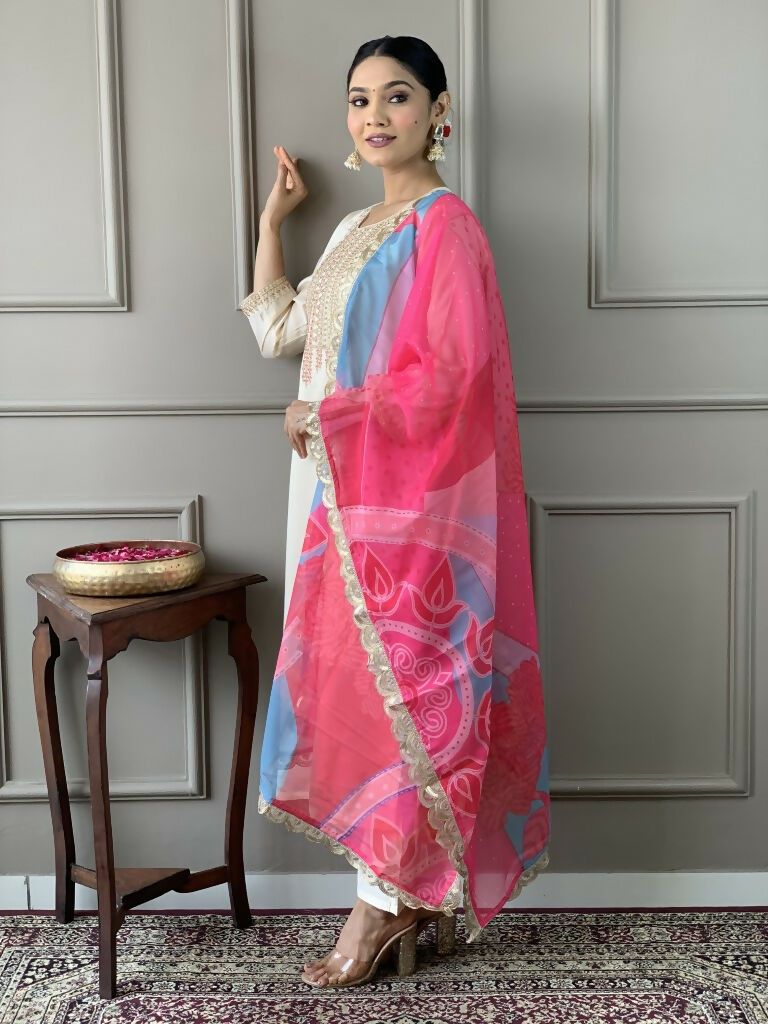 White Viscose Chanderi Stitched Suit With Dupatta - Tanisha