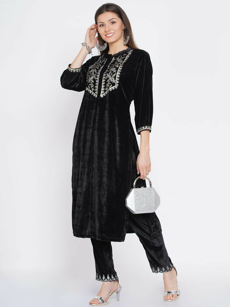 Women Republic Black Velvet Embroidered Kurta With Pants