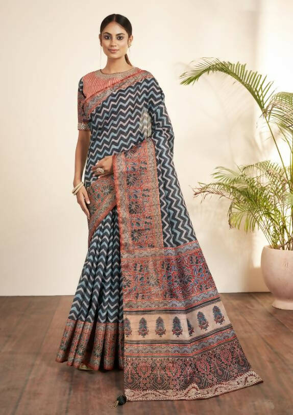 Blue Bhagalpuri Silk Stripe printed with Stone Work & Hand Work Saree - Norita Nirvi