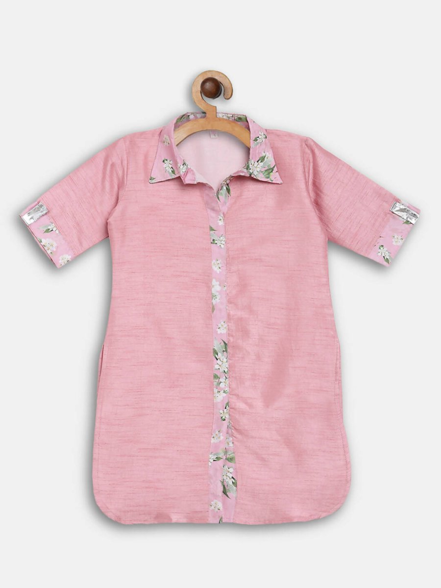 Ahalyaa Pink Poly Silk Solid Kids Kurta with Printed Pant Set For Girls