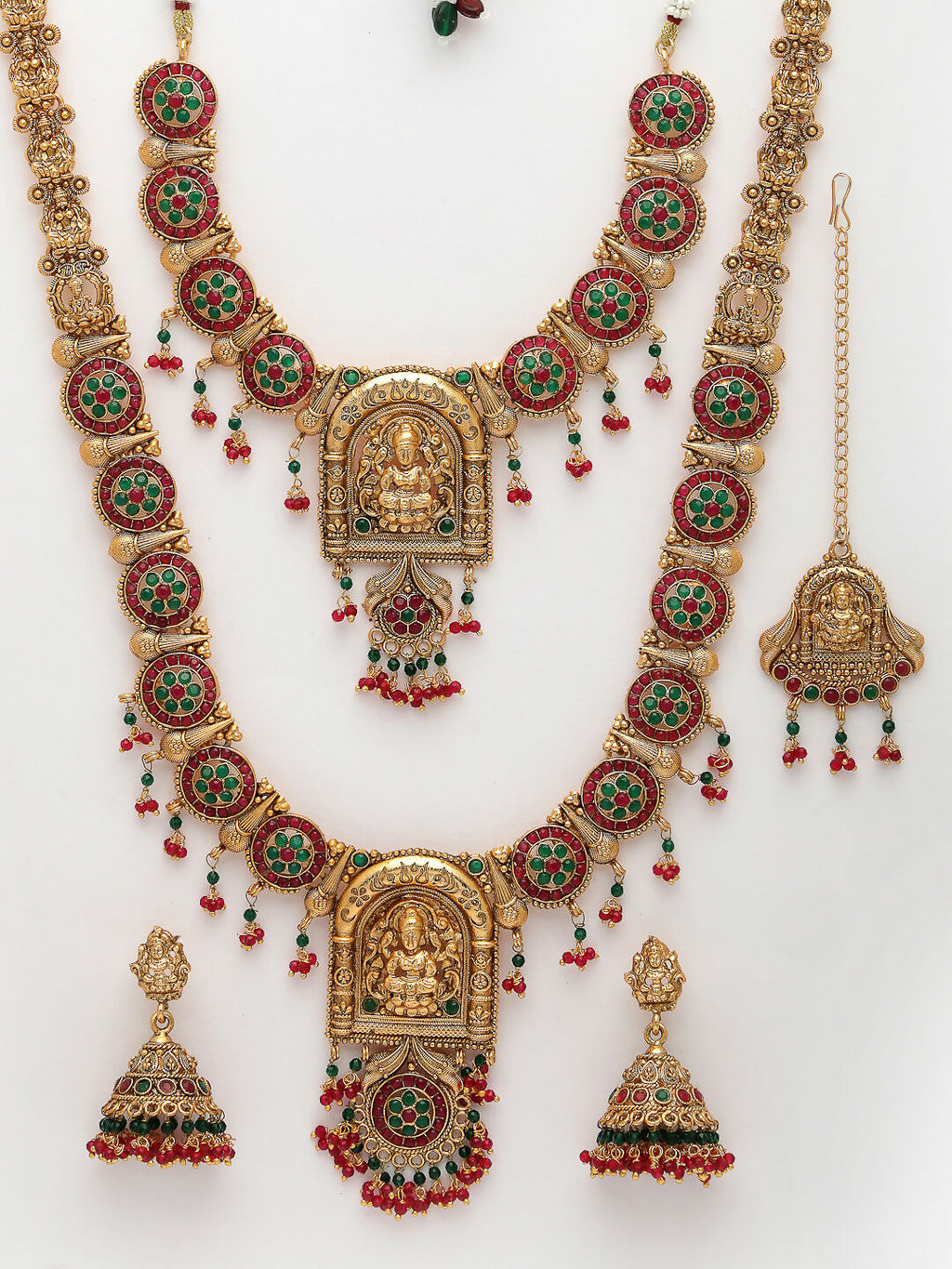NVR Women's Set of 2 Gold-Polished Green & Red Stone Studded Lakshmi Design Temple Jewellery Set with Maangtikka