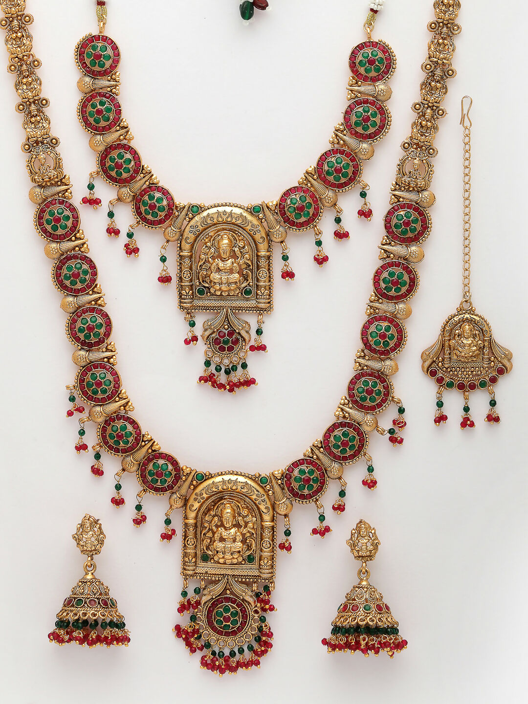 NVR Women's Set of 2 Gold-Polished Green & Red Stone Studded Lakshmi Design Temple Jewellery Set with Maangtikka