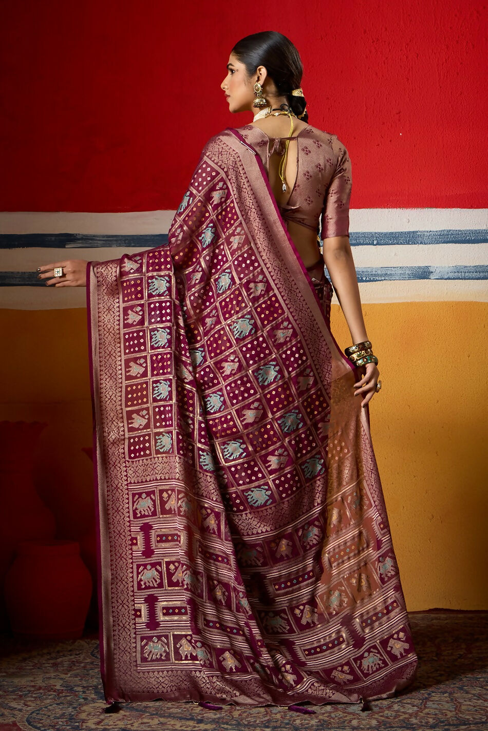 Joban Fashion Wine Dull Moss Brasso Saree - Distacart