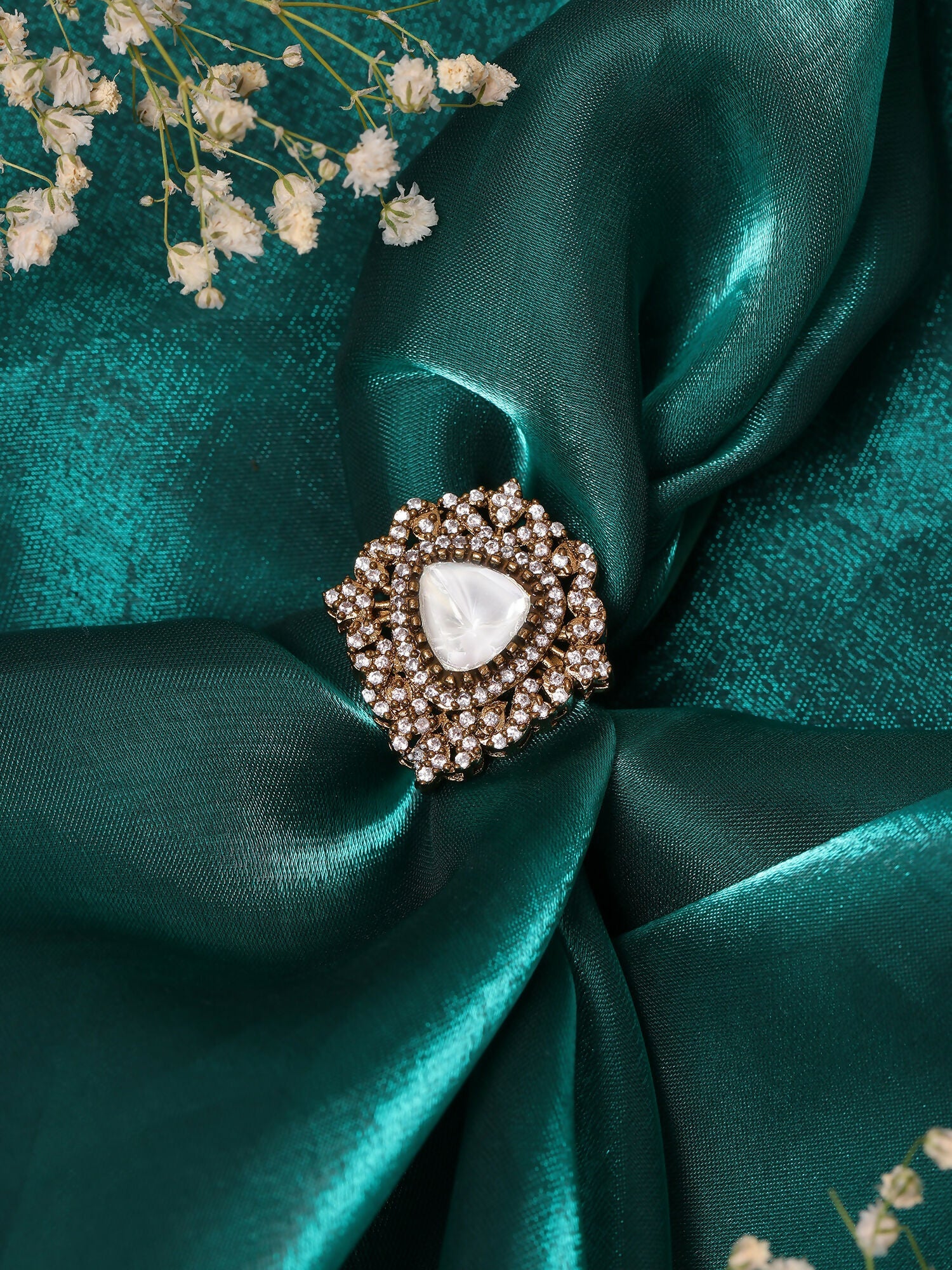 Ruby Raang Festive Gold Polished White Kundan Ring
