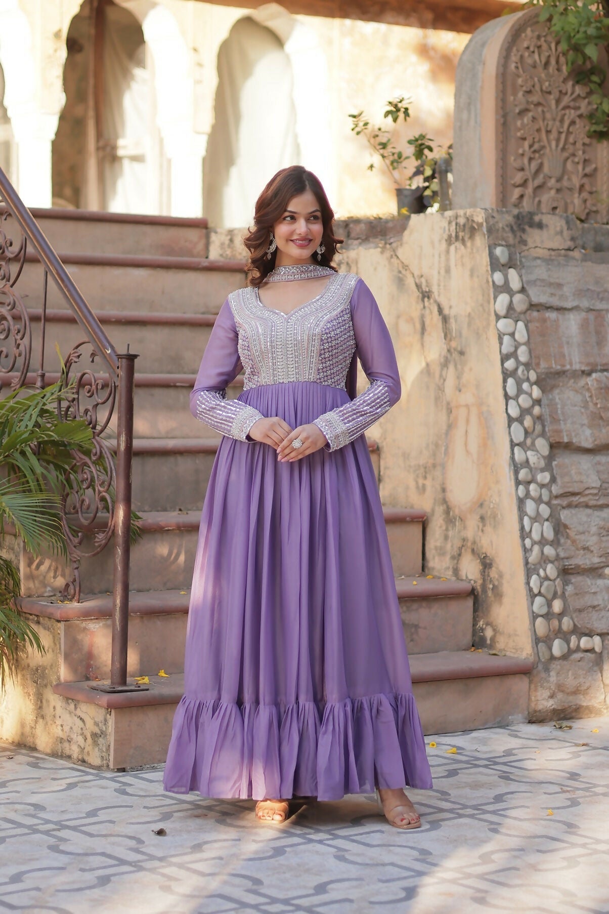 Joban Fashion Lavender Georgette Sequence Embroidery Work Kurta Set - Distacart